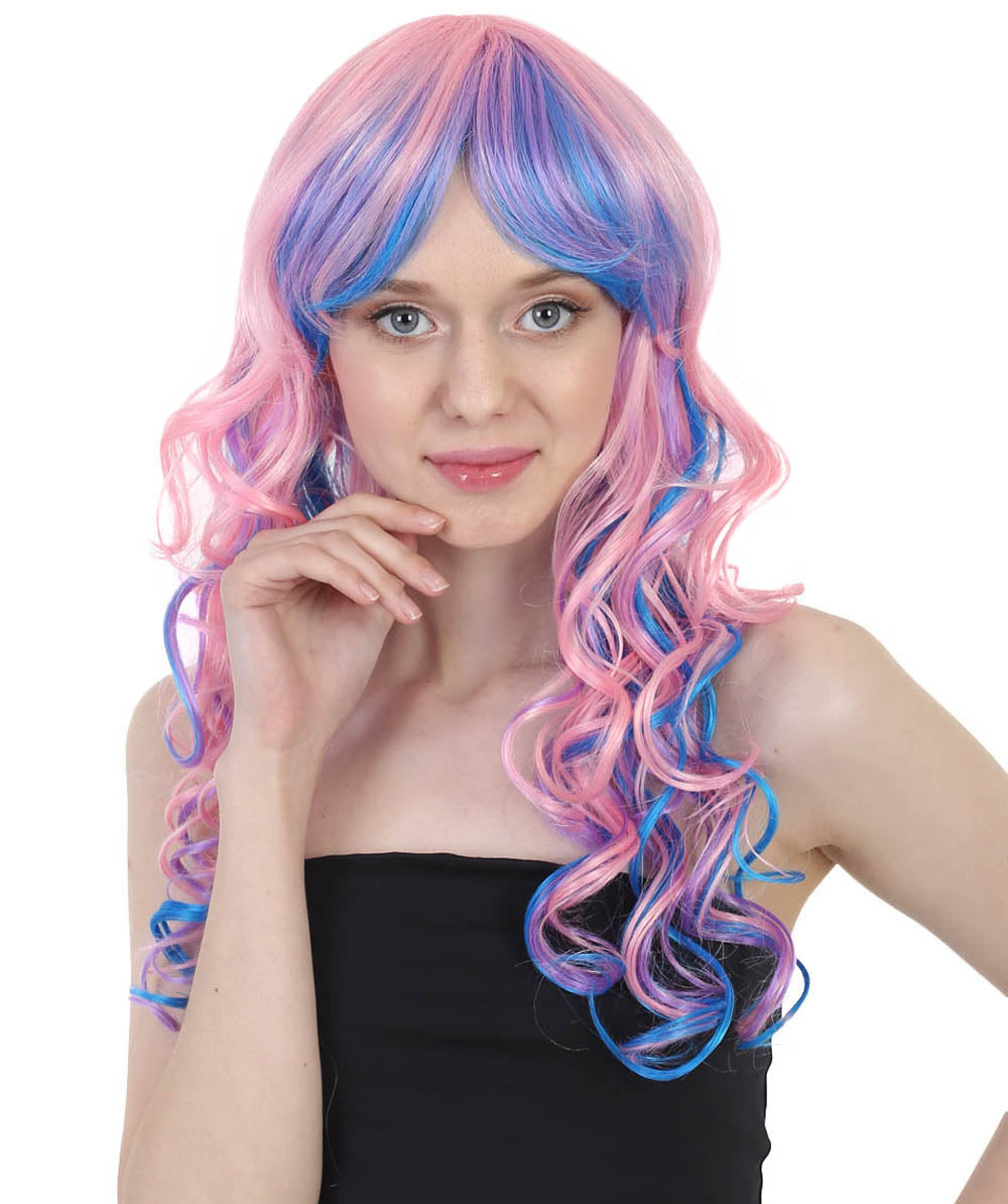 Women s Multicolor Cotton Candy Loose Curls with Bangs Adult Halloween Wigs HPO