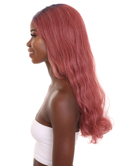 Seraphina Adult Women's 23" In. Hair Stylist Inspired Wig - Long Length Red Hair with Dark Blue Roots - Lace Front Heat Resistant Fibers