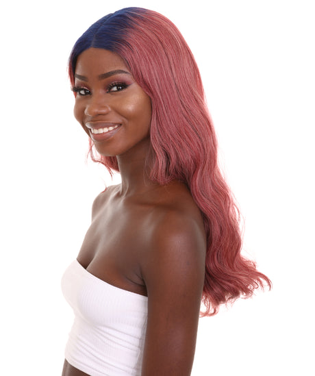 Seraphina Adult Women's 23" In. Hair Stylist Inspired Wig - Long Length Red Hair with Dark Blue Roots - Lace Front Heat Resistant Fibers