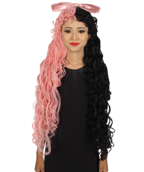 Women's Extra Long High Ponytail in Bubblegum Pink and Black Split Dye - Wavy Adult Lace Wig | Nunique