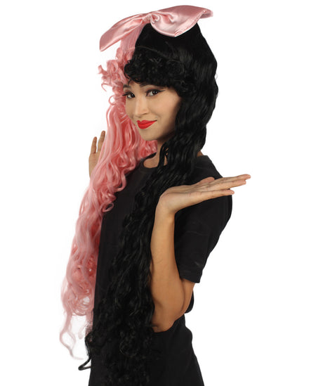 Women's Extra Long High Ponytail in Bubblegum Pink and Black Split Dye - Wavy Adult Lace Wig | Nunique